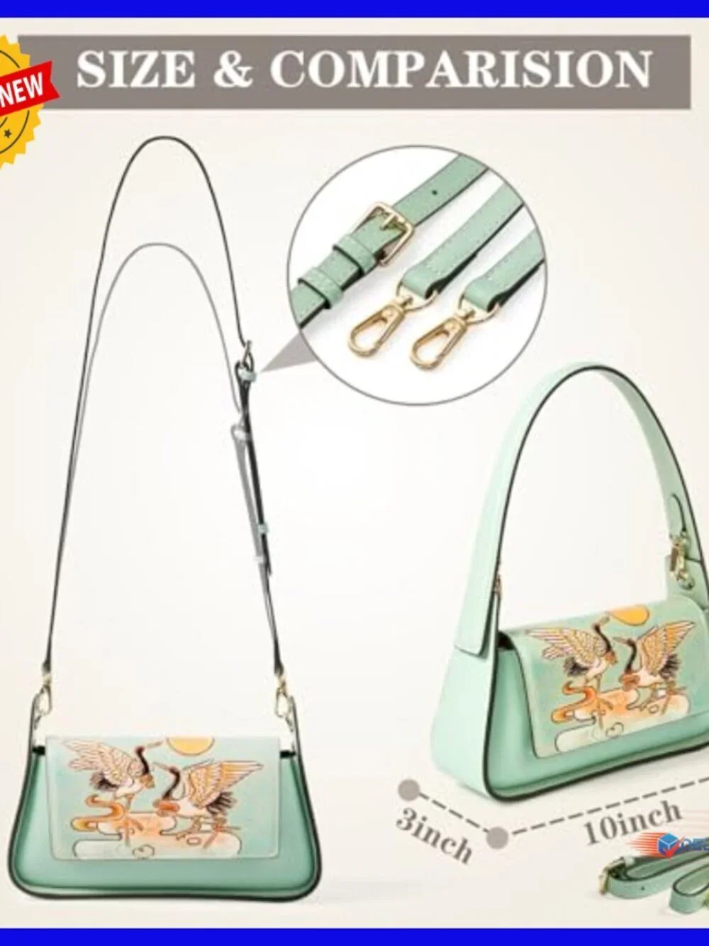 Genuine Leather Hobo Bag with Hand-Painted Pattern Adjustable Strap